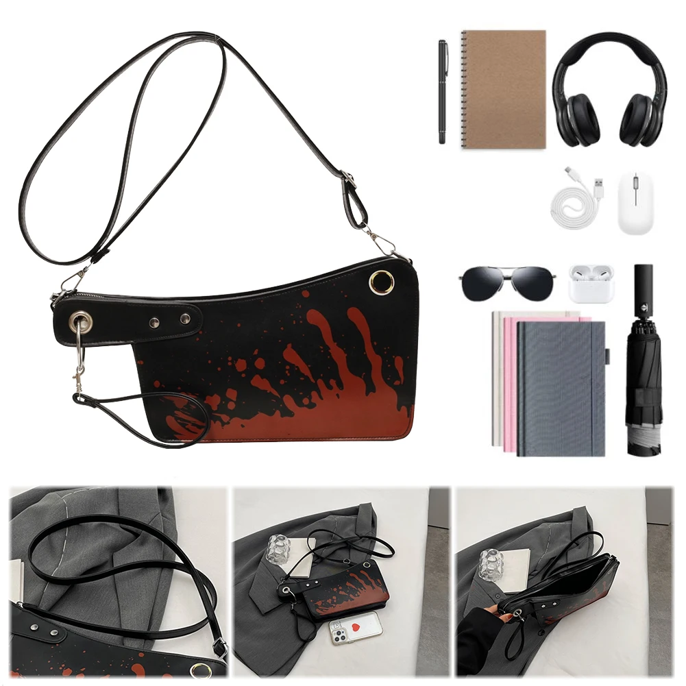 Women Horror Crossbody Bag PU Leather Bloody Satchel Bag Adjustable Strap Gothic Clutch Purse Halloween Party Bag