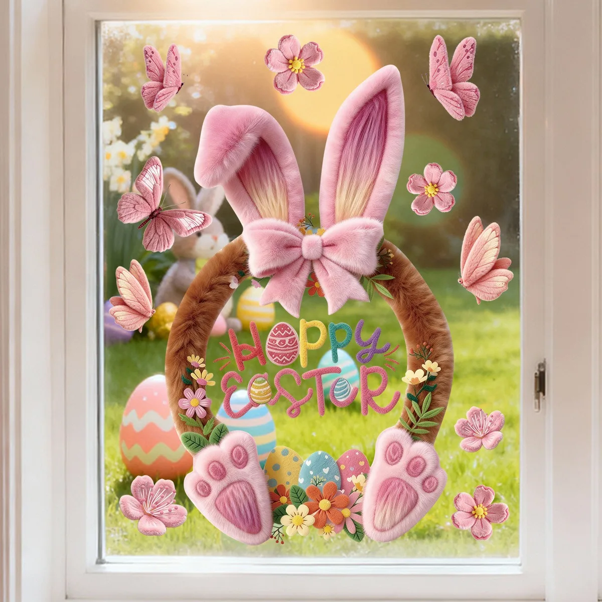 

Easter Window Clings Pink Bunny Flower Butterfly Stickers Glass Static Decals for Storefront Door Home Decor Removable