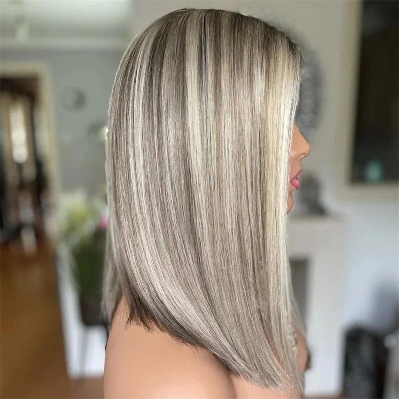 Wig Rambut Sintetis Lurus Alami dengan Lace Frontal untuk Wanita, Tebal, Warna Pirang Platinum Abu Muda, Pirang, Serat untuk Penggunaan Sehari-hari, Pesta, dan Cosplay