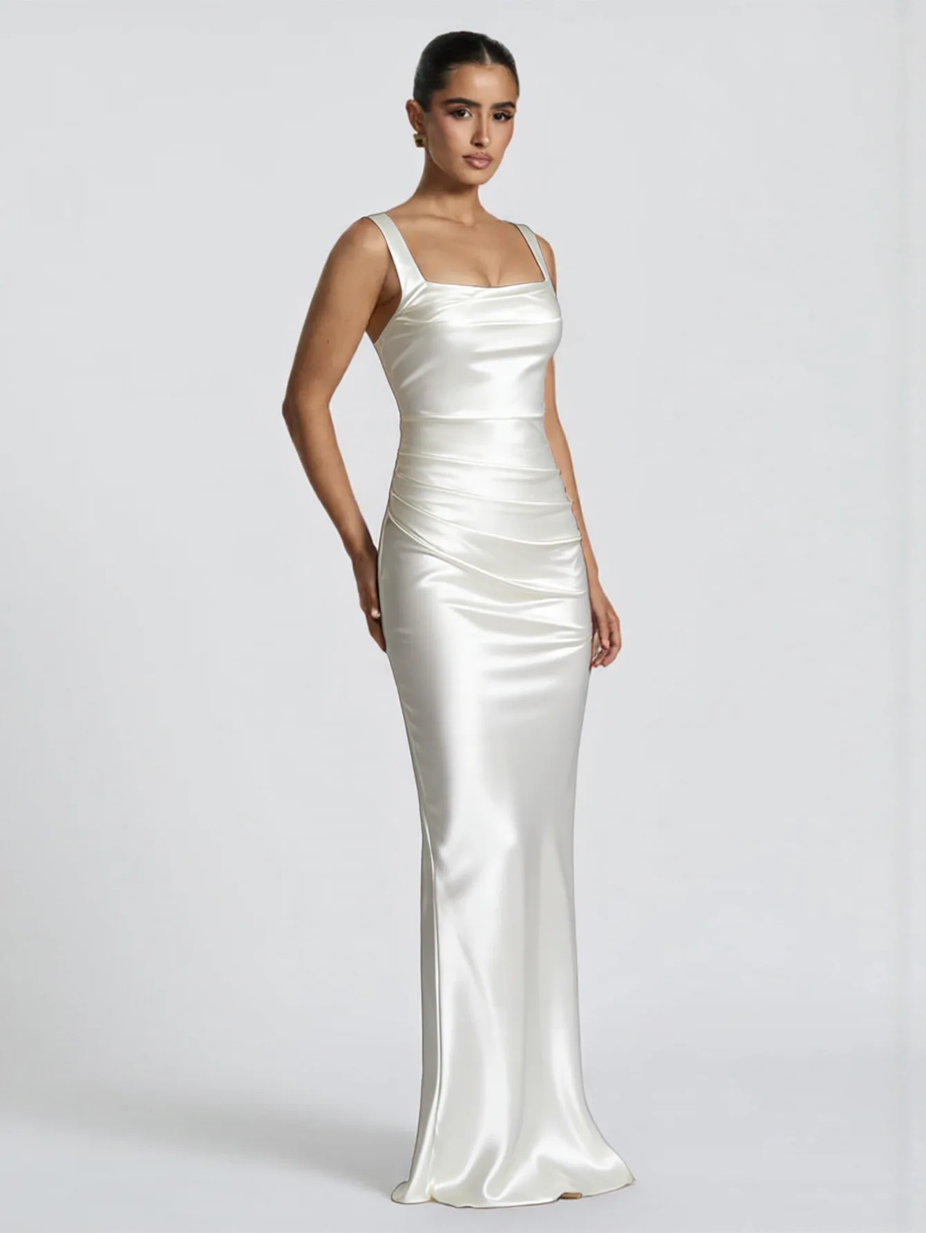 Damen Satin Abendkleid mit quadratischem Ausschnitt, ärmellos, Meerjungfrauen-Schnitt, gerafft, figurbetont, langes formelles Ballkleid, elegantes, schickes, sexy Maxikleid – Detail 5