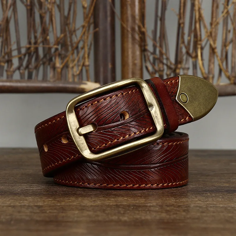 3.8CM Thick Cowhide Copper Buckle Genuine Leather Jeans Belt Men High Quality Thickening Double-sided Use Luxury Male Strap