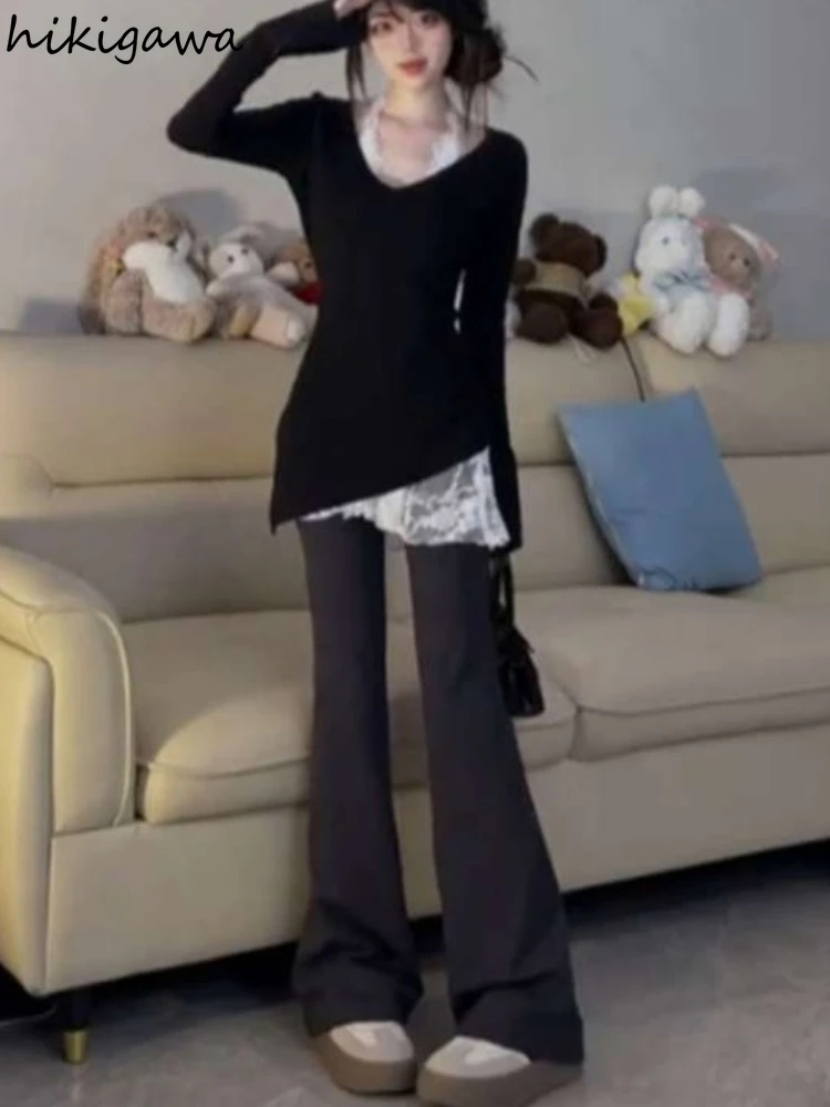 

Women's Clothing Knitted Pullovers Fashion Two Piece Sets Irregular Sweater Sexy Lace Vest Outfits Fashion Korean Jumper Suit