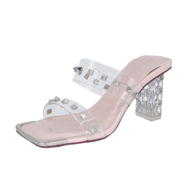 2025 New Summer Women High Heel Flip Flops Sliperswomen Crystal Rivet Sandals Luxury Exposed Toe Mules Women High Block