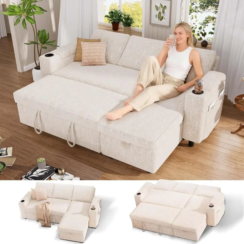 Sleeper Soa ed, 82Pull Out Couch with Reclining ackrest/Reversile StoraChai, 3 in 1 L-Shaped Couch with Armrest Stora| Cup Holde
