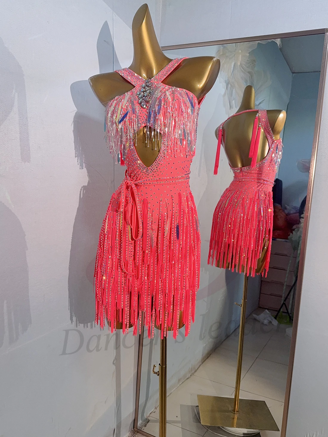 라틴 댄서 성인 어린이 하이 엔드 맞춤형 크리스탈 술 앞 가슴 접합 다이아몬드 바 차차 삼바 라인 석 드레스