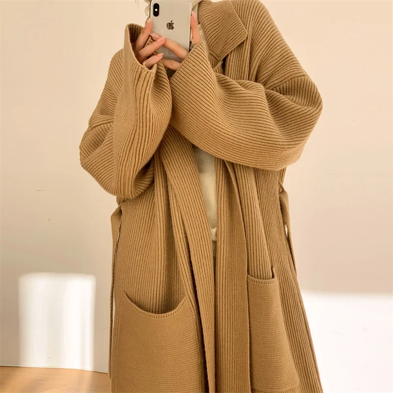 

Women Sweaters Autumn Winter Solid Knitted Cardigan Loose Turndown Collar Lace Up Long Sleeve Knit Coat Top Female Clothing