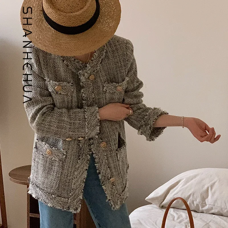 

Korean version of casual Xiaoxiangfeng jacket for women's 2023 early spring new high-end wool tweed short top