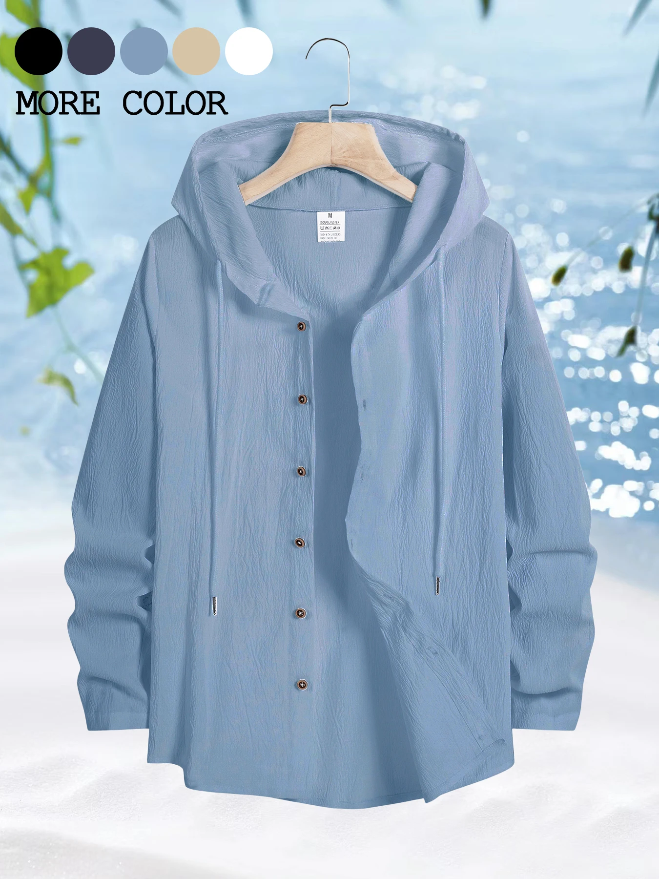 Spring Summer Men's Beach Shirt Large Size Loose Hooded Shirt Solid Color Casual Daily Clothing Men Cardigan Tops Streetwear