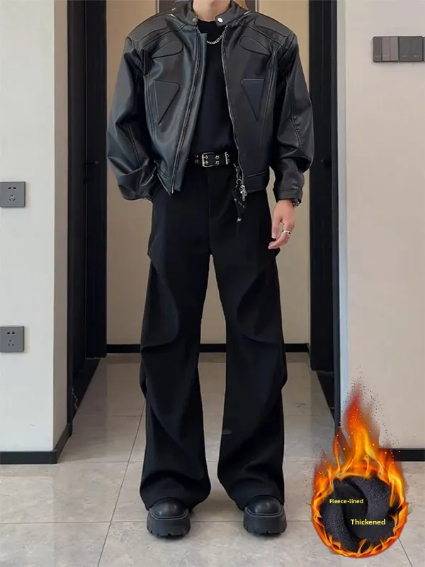 

Versatile Thiened Fce Lined Le Blade Pants Men's Winter Warm Drapey High End Feel Straight Leg Micro Flared Trousers