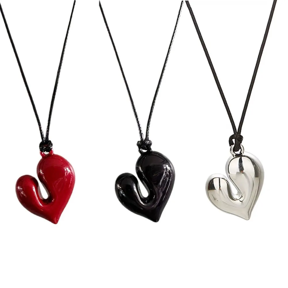 Design Exaggerated Irregular Red Black Color Heart-shaped Pendant Adjustable Long Rope Necklace for Women Valentine's Gift X0296