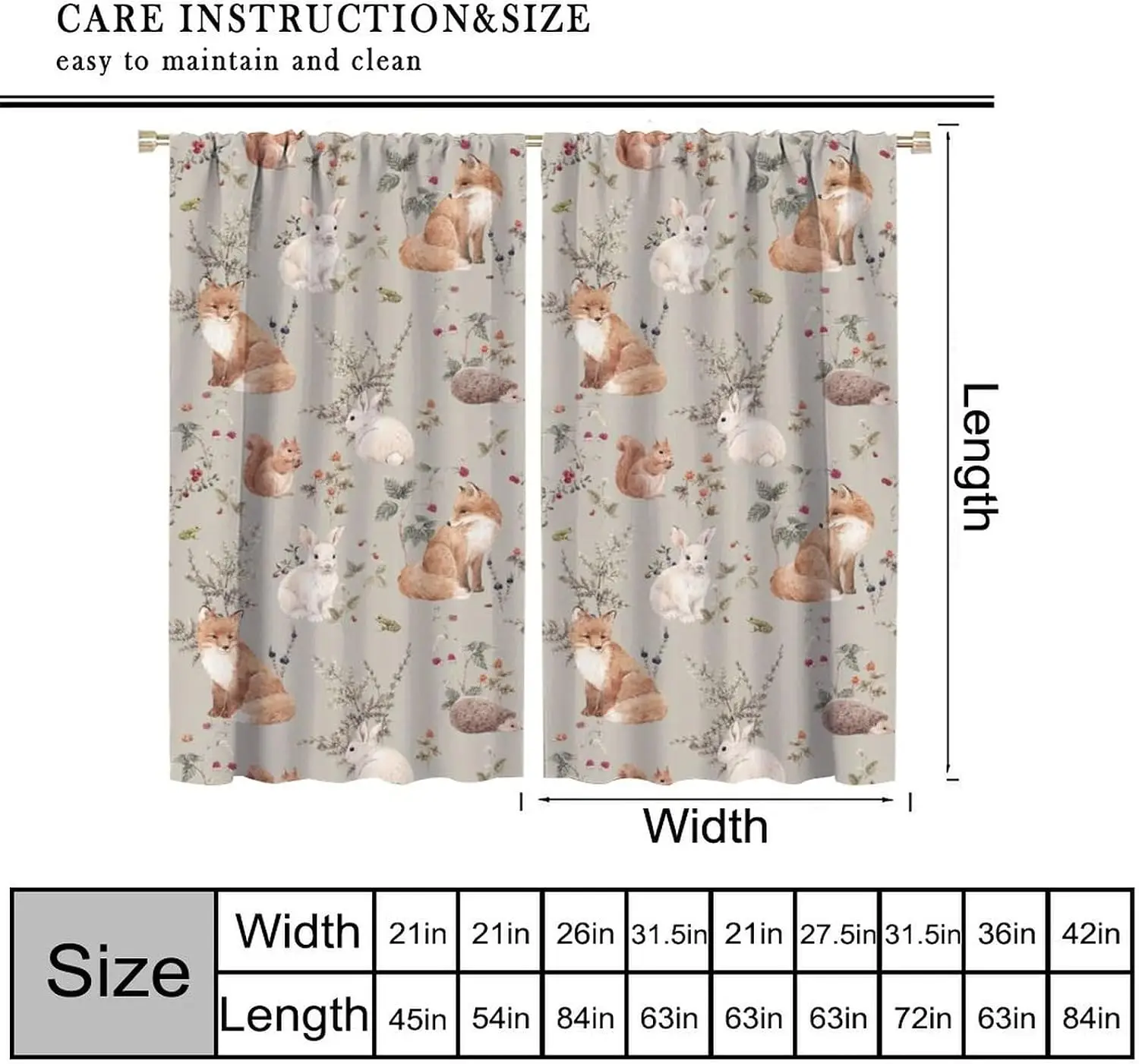 Vintage Hand Drawn Woodland Wildlife Plant Berry Print Blackout Rod Pocket Curtain Ash Soft Zen Nursery Homestay Bedroom Rest
