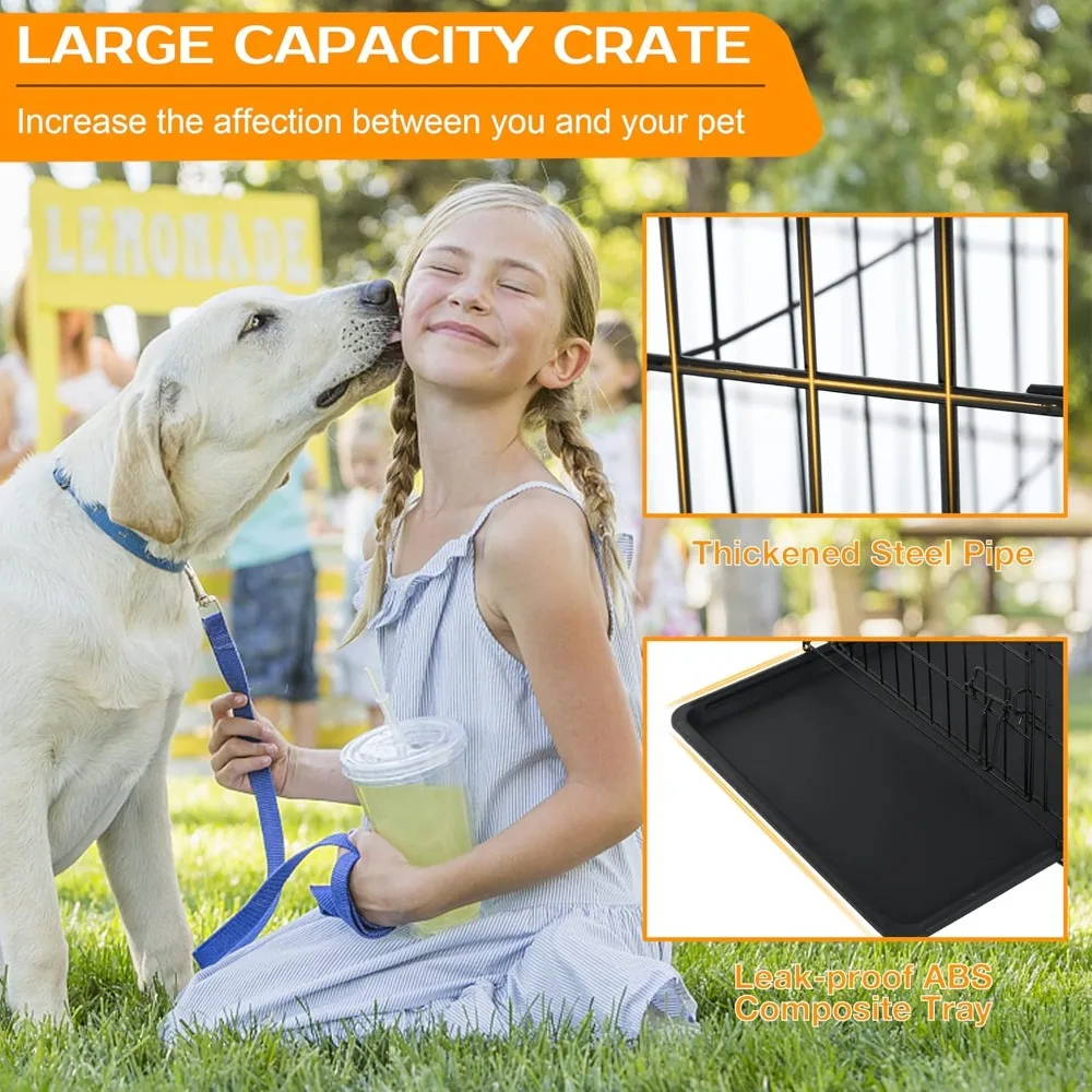 Extra Large Dog Cage for Dogs, Folding Mental Kennel Outdoor and Indoor with Double-Door Divider Panel Removable Tray and Handle