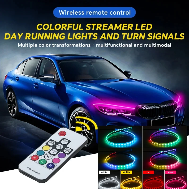 2PCS Car Decorative LED Strip RGB Daytime Running Light DRL APP Remote Control Cool Colorful Flowing Turn Signal Waterproof