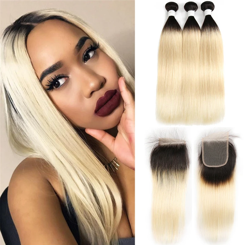 Brazilian Straight Human Hair Bundles With Closure Ombre Blonde T1B/613 Human Hair Weave Bundle Remy 100% Hair Bundles 3PCS