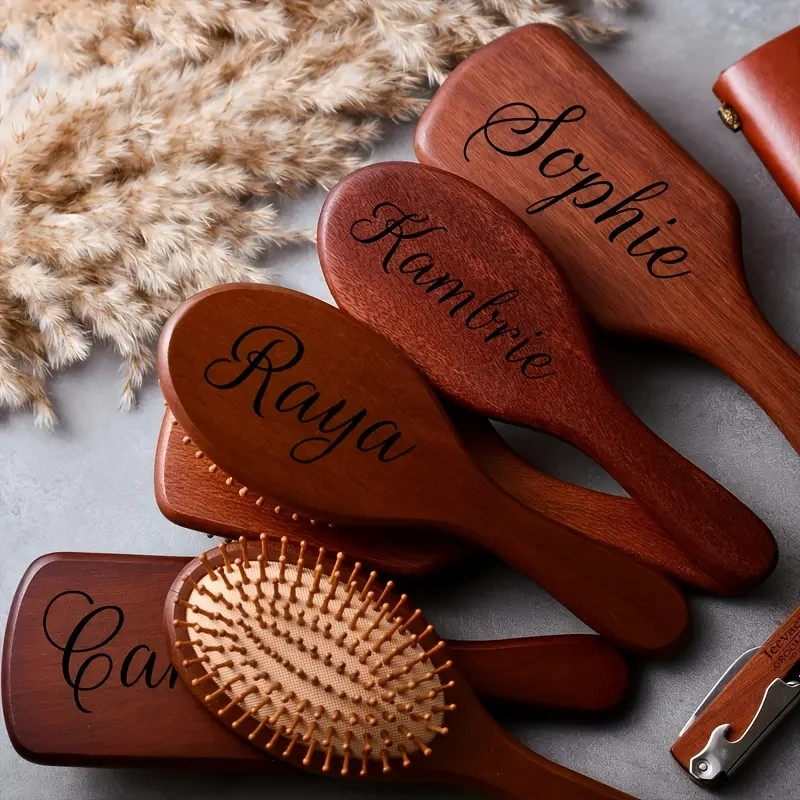 Engraved Name Sandalwood Hair Comb - Medium Bristle, Anti-Static, Massage Dry Hair Care, Elegant Personalized Gift for Women view 2