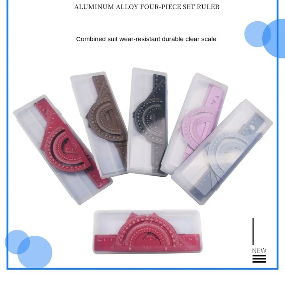 

Portable 4 in 1 Ruler Aluminum Alloy Combination Triangle Protractor Multifunctional Stationery Set Drawing