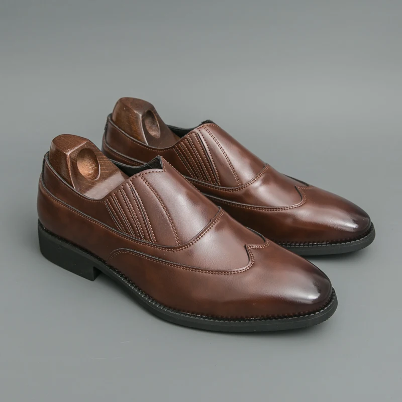 

Retro Men Loafers Black Brown Elastic Bands Men One-foot Casual Comfortable Business Office Shoes Banquet Shoes Men