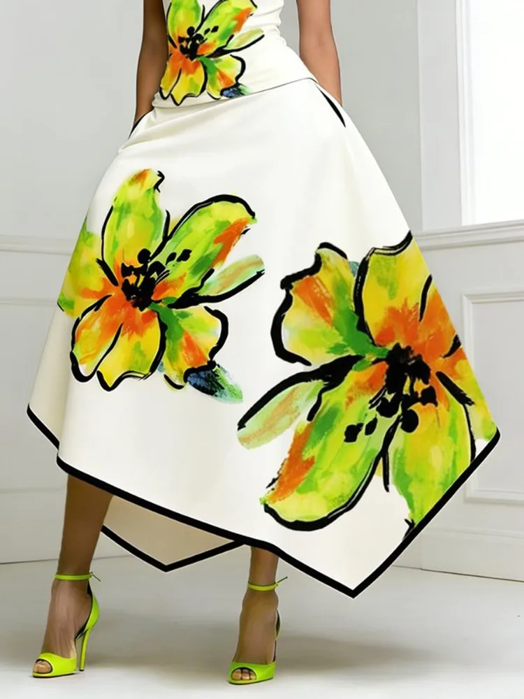 Yeezzi Women's Elegant Floral Printed Midi Skirt High Waist Asymmetric Hem Pockets High Waisted Party Evening A-Line Skirts