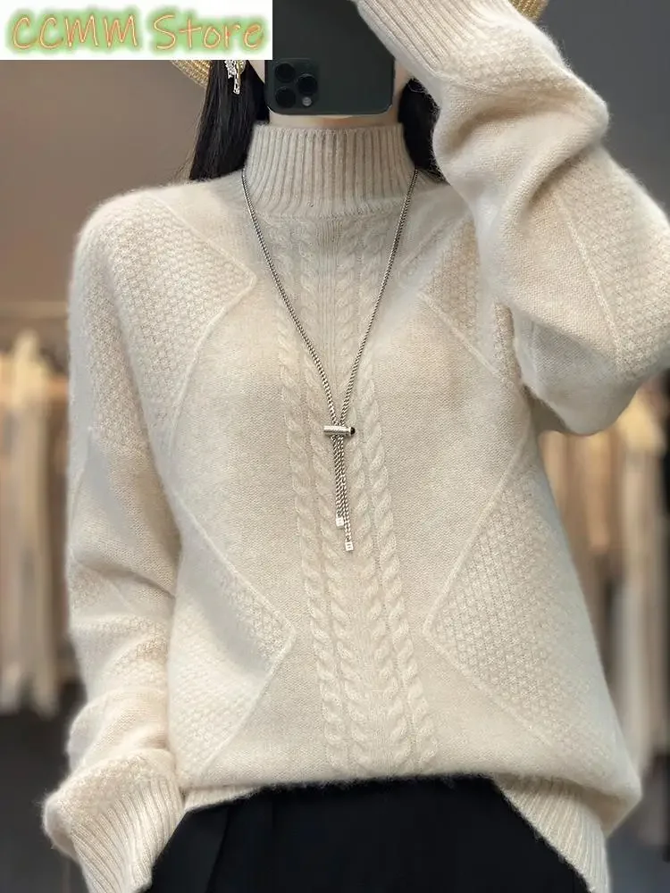 

Women Mock Neck Pullovers Cashmere Sweater Autumn Winter Thick Warm Twist Casual Merino Wool Knitwear Korean Fashion Tops