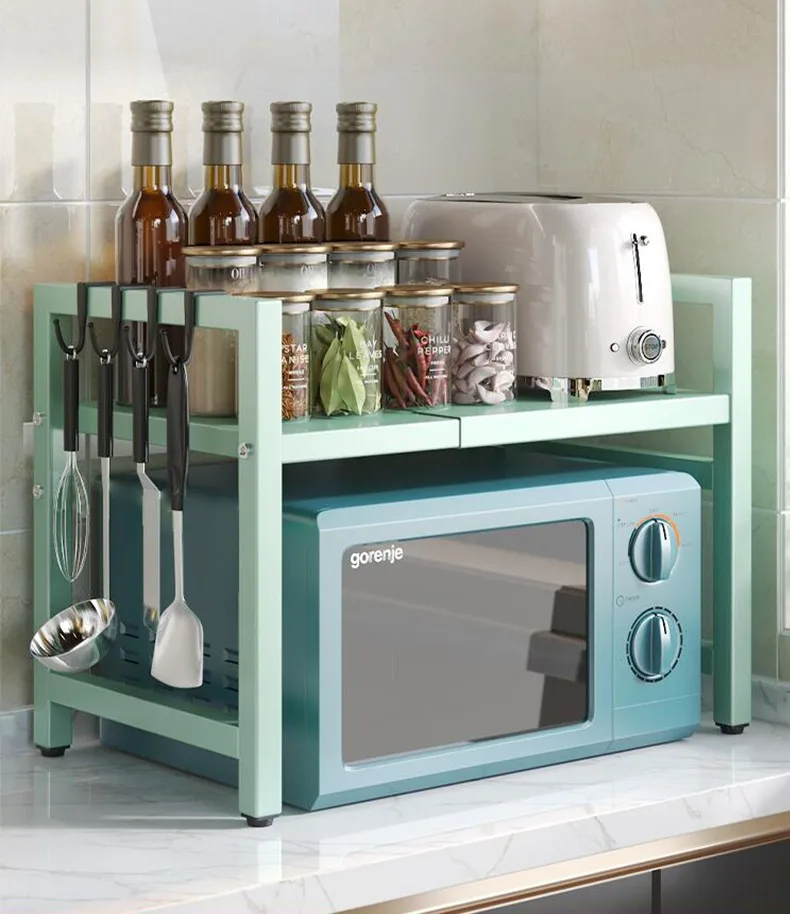 Multifunction Home Kitchen Spicy Assesories Storage Shelf Rack 2-layer Retractable Thicken Microwave Oven Floor Stand Oraganizer