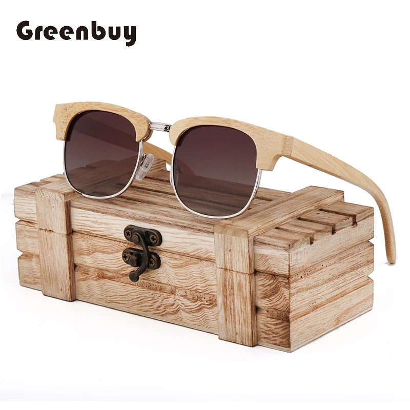 

Bamboo Wood Polarized Fashionable and Vintage Square Frame Metal Frame Sunglasses Men's Lens UV400 Retro with Eyewear Box