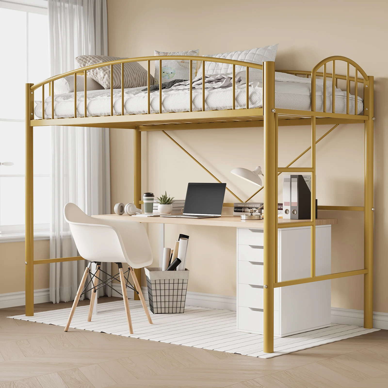 GarveeLife Heavy Duty Twin Metal Loft Bed Frame – Sturdy Arched Guardrail, Safety Ladder, Space-Saving Modern Design, No Box Spring Required – Matte Black/Gray, TWIN Size
