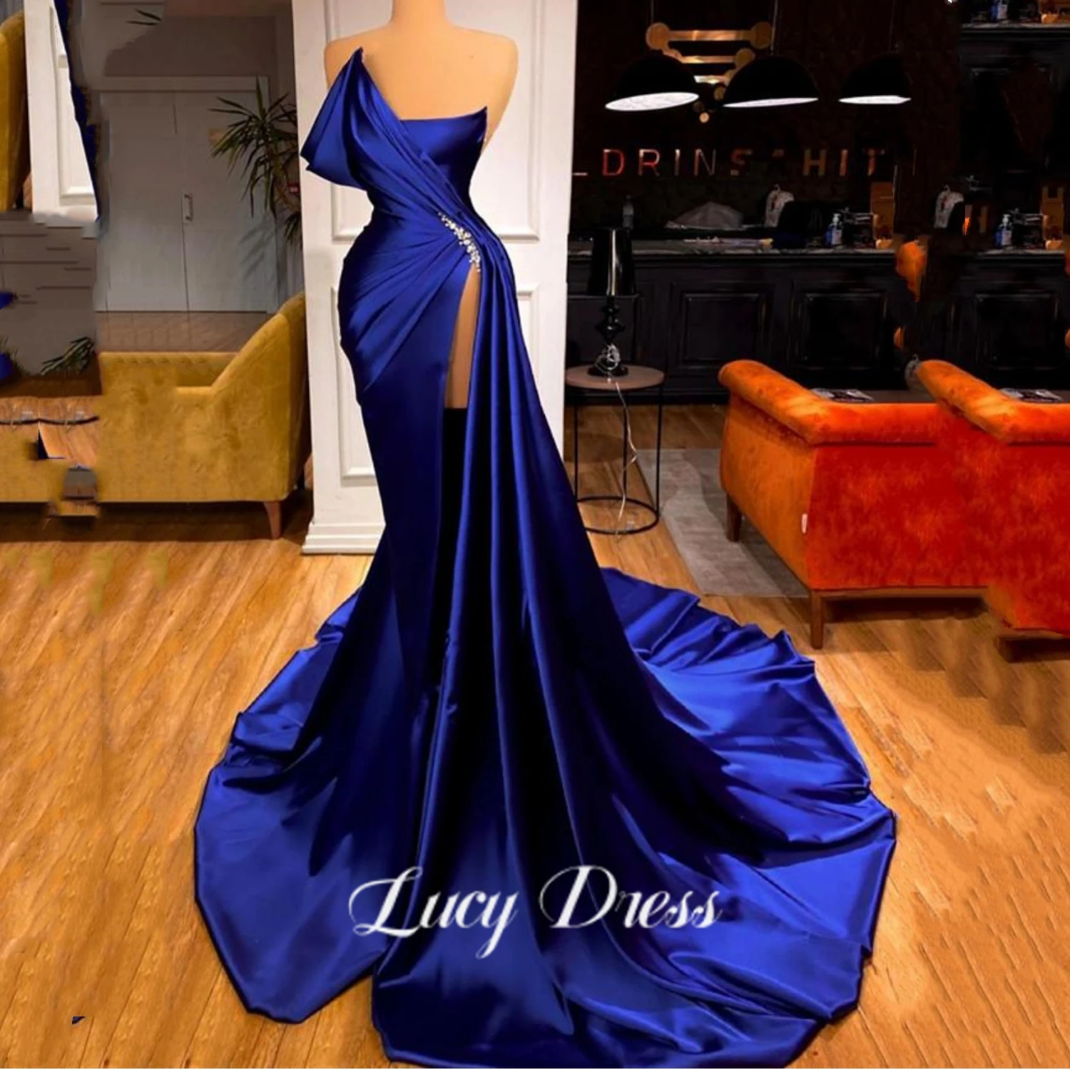 

Lucy Blue Evening Dress Sexy V Neck Sleeveless Beading Pleat High Slit Long Train Party Gowns Prom Dresses Elegant Gown Formal