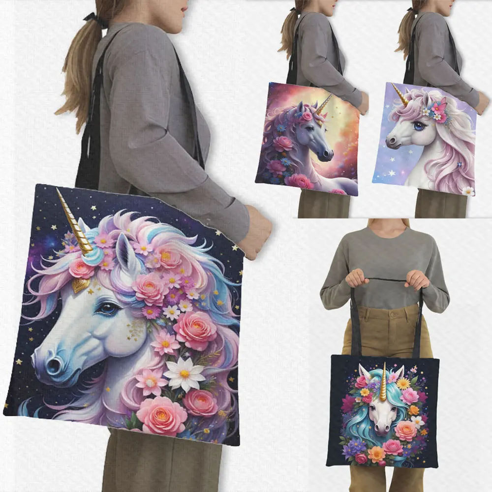 

Cute Unicorn Flower Print Shopping Bag Fantasy Unicorn Handbag Big Capacity Totes Large Storage Bag Daypack Shopper Bag Bookbag