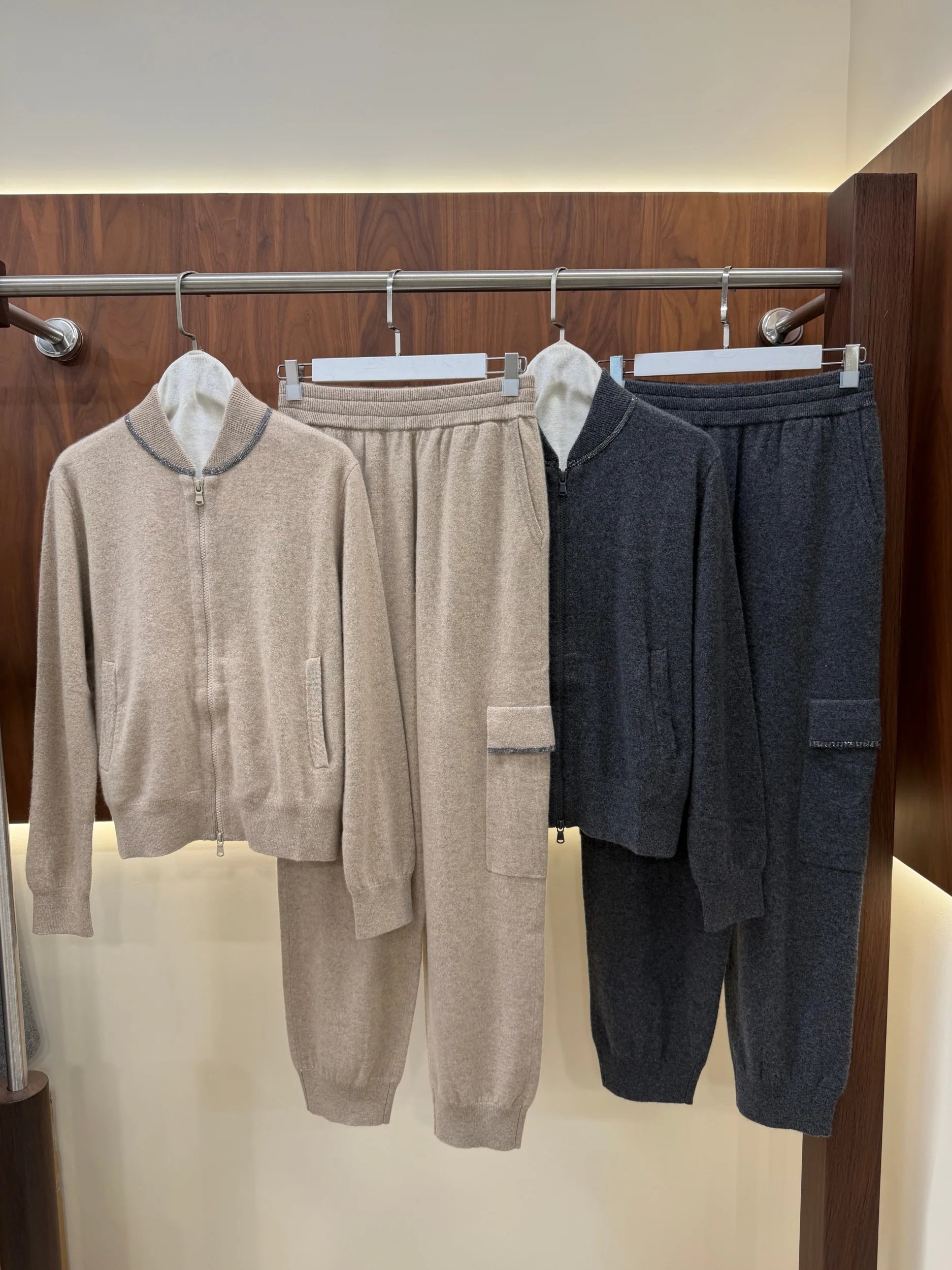 2026 Autumn Women's Cashmere Knit Set for : Zip-Up Knit Cardigan and Knit Trousers