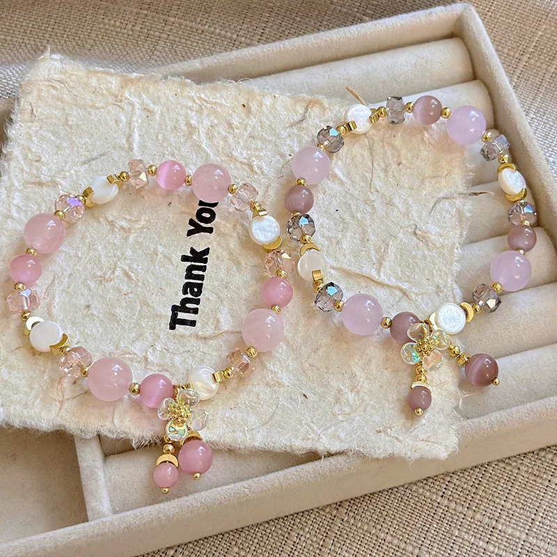 

Новый браслет с кристаллами «кошачий глаз» и цветком для женщин, стильный сладкий и свежий маленький нишевый лучший друг, студенческие украшения