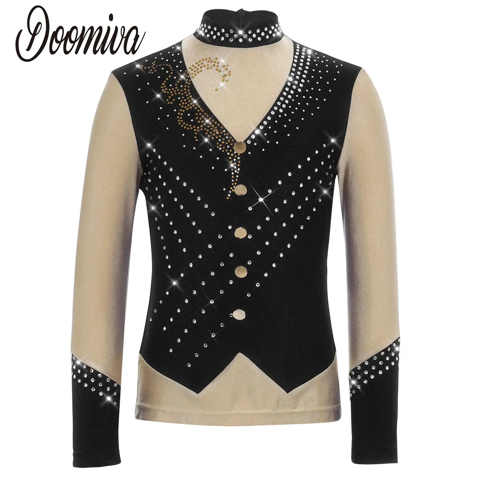 

Kids Boys Figure Skating Competition Costume Shirts Modern Lyrical Dancewear Sparkly Rhinestones Long Sleeve Contrast Color Top