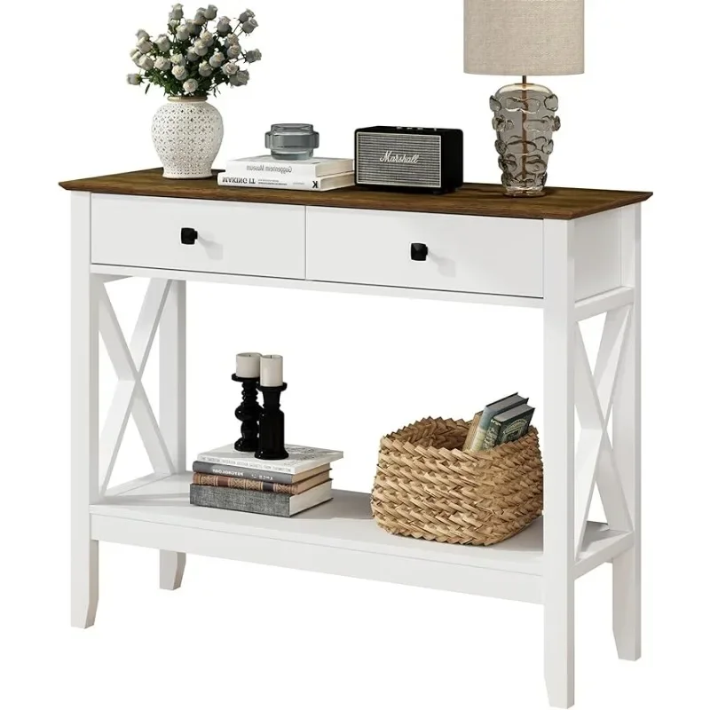 Sofa Table Farmhouse Entryway Table With 2 Drawers Storage Shelve