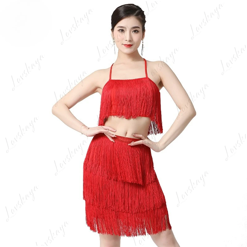 Completo con volant intrecciato, gonna con volant da ballo latino, abito da spettacolo teatrale, abito da spettacolo, abito da pratica, abito da ballo