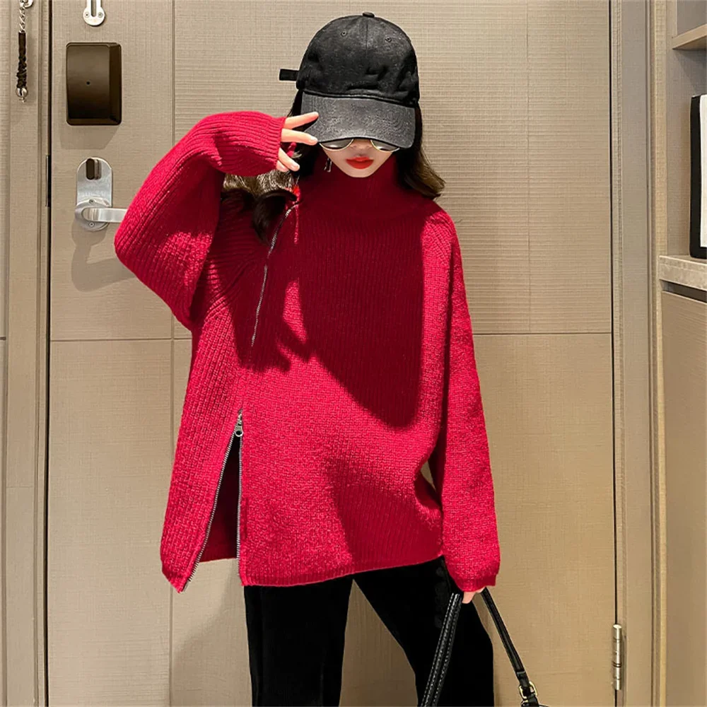 

2024 Autumn Winter Girls Knitted Sweater Zipper Design Turtleneck Sweater Thick Teenage Children Clothes Casual Loose Tops