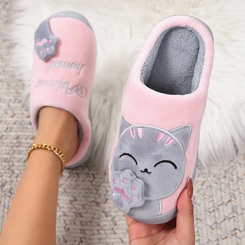 Winter Warm Fur Slippers Cartoon Cat Non-Slip Women and Men Soft House Indoor Home Bedroom Boys Girl Memory Foam Floor Shoes