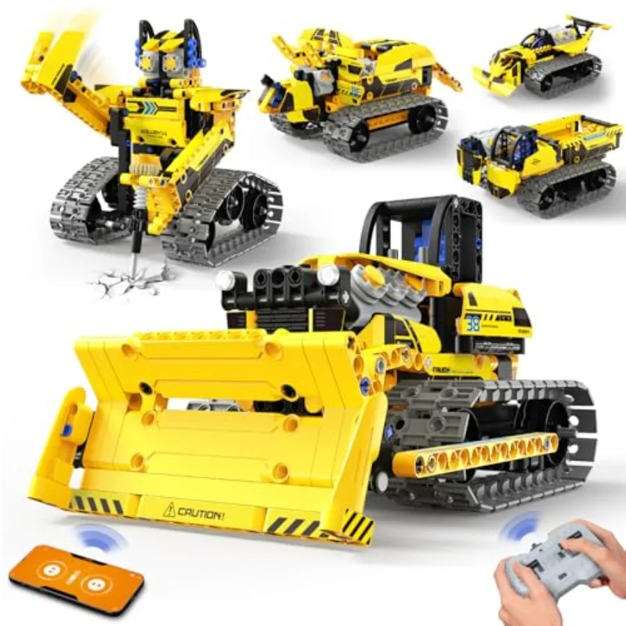 

STEM robot toy building kit for ages 8-12, ABS plastic blocks in blue-gray, 5-in-1 transformable RC bulldozer with app remote c