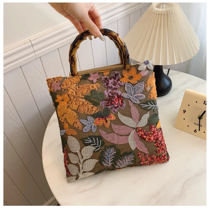 Retro Style Bamboo-Shaped Women's Handbag with Premium Color Sequins Intricate Embroidery Heavy Use Handbag New Accessory