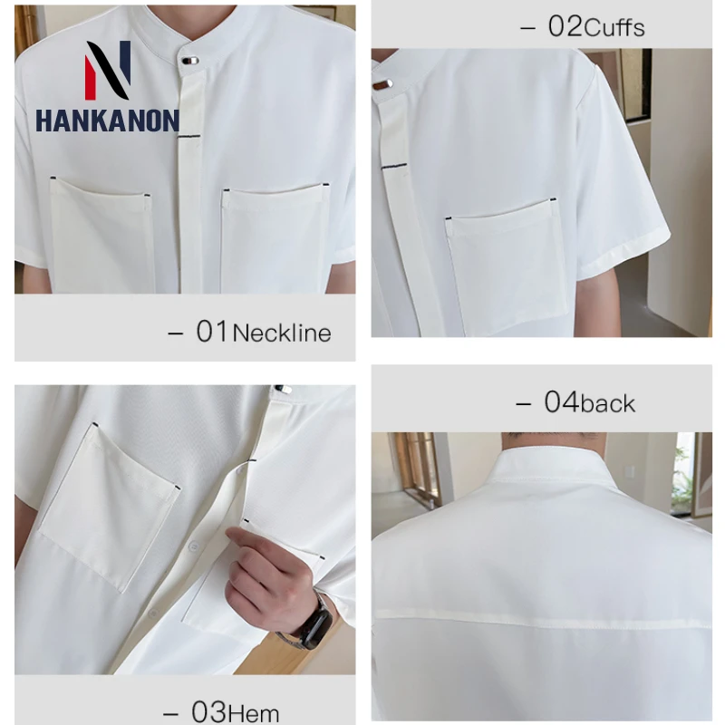 Chemise à manches courtes pour hommes, col montant, bouton GNE, style chinois, chemise respirante, 03/décontracté