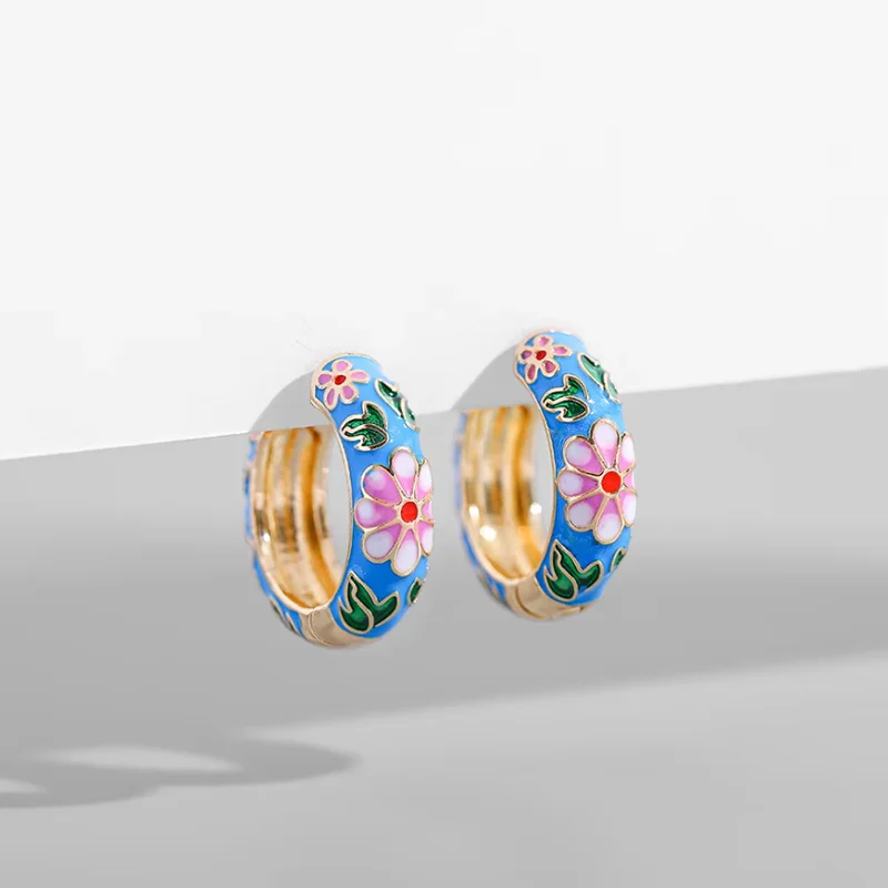 Vintage Women Dripping Oil Flower Hoop Earrings Anniversary Jewelry Accessories Fashion Colorful Enamel Geometric Earrings Gift