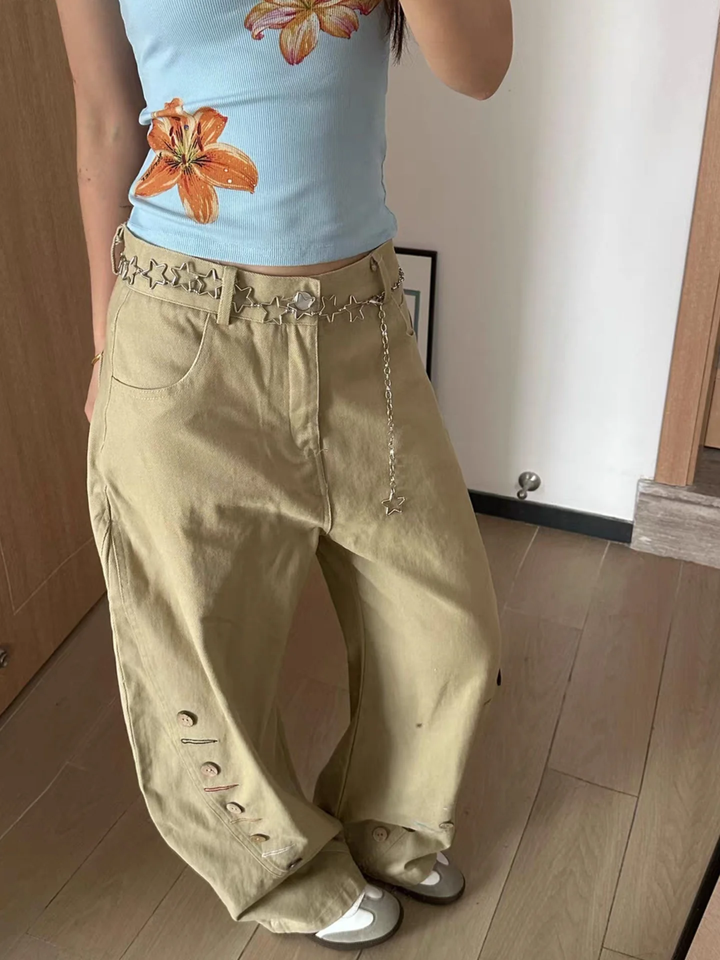 

Khaki Multi-Button Decorative Knife Jeans Loose Casual ex Retro American Wide Leg Banana Pants Daily Wear