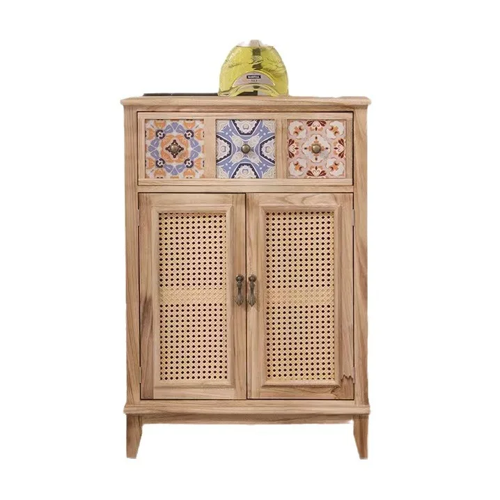 

American, retro, solid wood, side cabinet, rattan, storage, living room, with door, home, porch