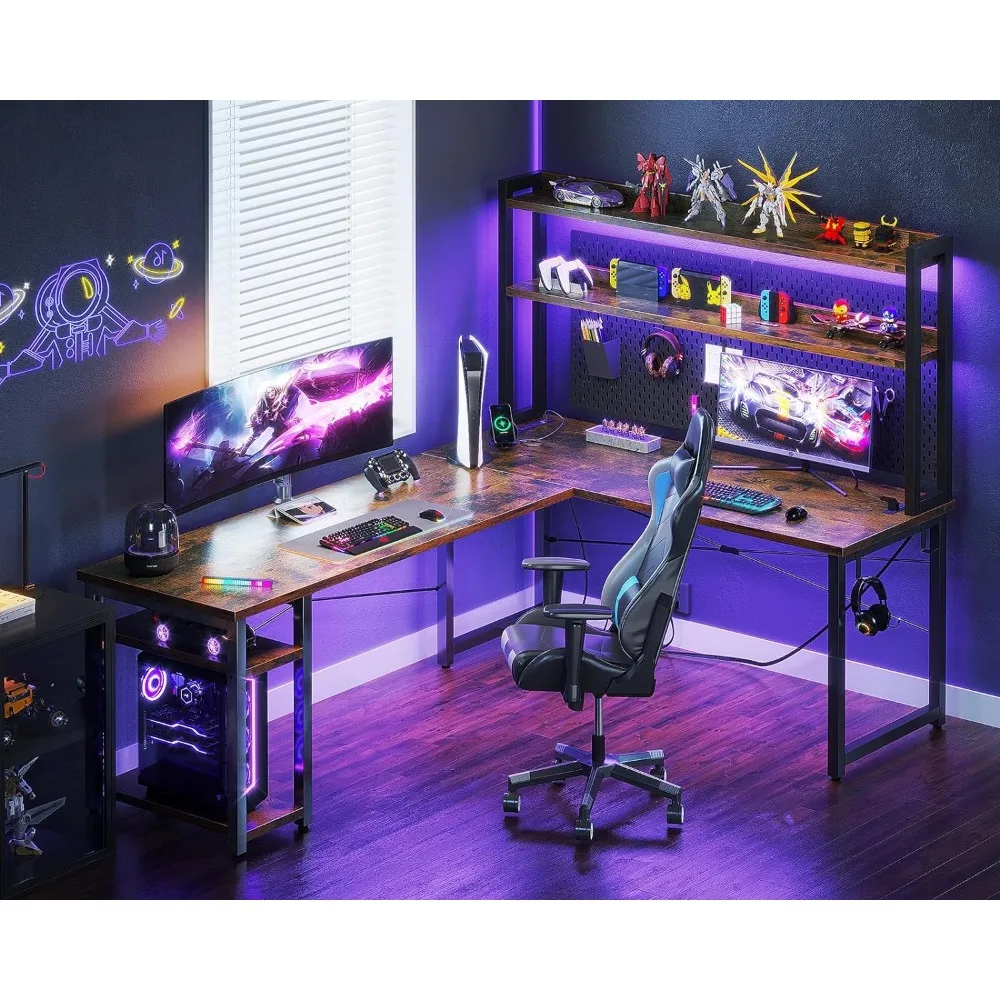 

L Shaped Gaming Desk with Hutch & Power Outlets & LED Strip & Monitor Stand, 66" Reversible Computer Desk with Storage Shelves