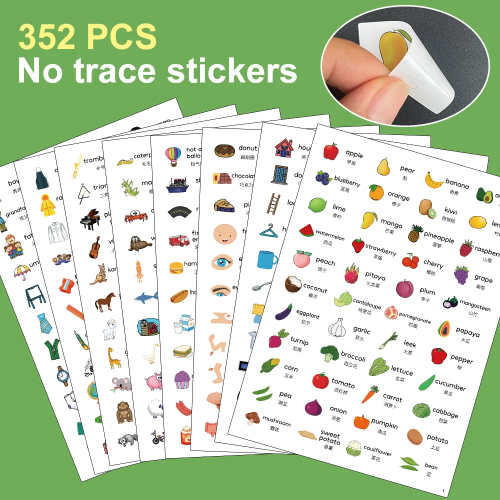 352 Pcs English Words Learning Stickers Animals Food Objects Educational Tools Cartoon Picture with Chinese Montessori Toys