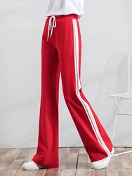 Women Casual Side Stripe Wide Leg Sweatpants Big Size TrousersLace Up High Waist Baggy Pantalones Korean Straight Jogger Pants