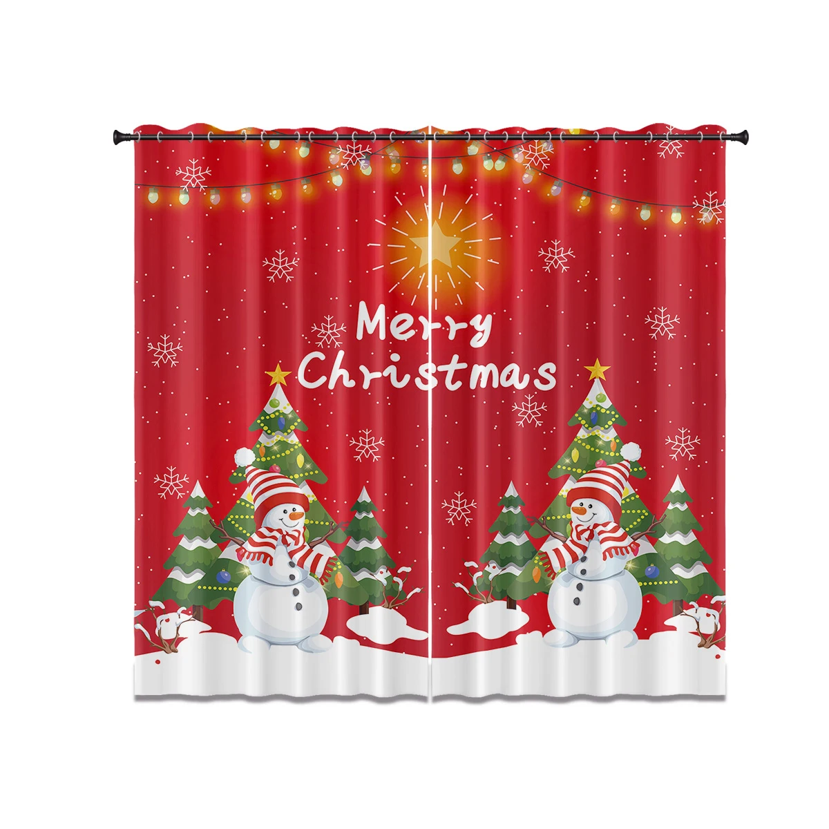 2pcs Merry Christmas Snowman Print Red Blackout Curtains Multiple Sizes Living Room Insulation Easy Install Machine Washable