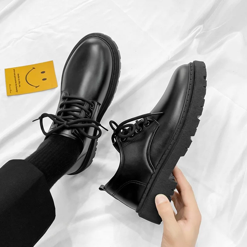 Zapatos sepatu kulit gaya Inggris pria, alas kaki Oxford kasual bisnis warna hitam, sepatu desainer Chunky