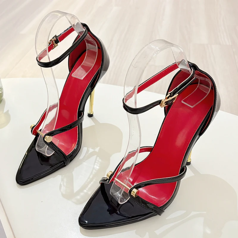 

Summer Sandals Women U Strap Metal Screws Pointed Toe Pumps Thin Heeled High Heels for Nightclub Party Stripper Dress Shoes