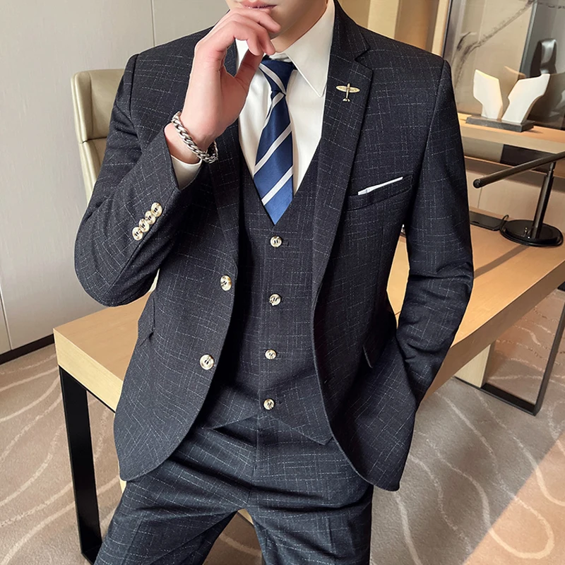 Jacket Vest Pants High End Brand Casual Business Formal Office Plaid Men\'s Suit Groom Wedding Dress Party Suit Blazer Trousers