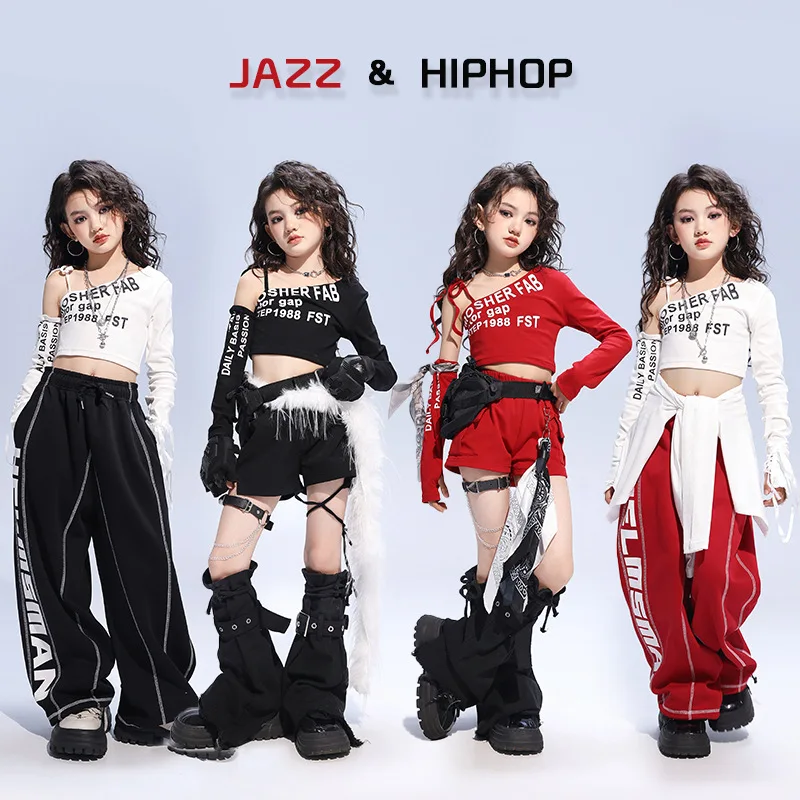 

Girls Kpop Hip Hop Clothing Red Black White One Shoulder Crop Top Street Cargo Shorts Pant for Kids Jazz Dance Costume Set