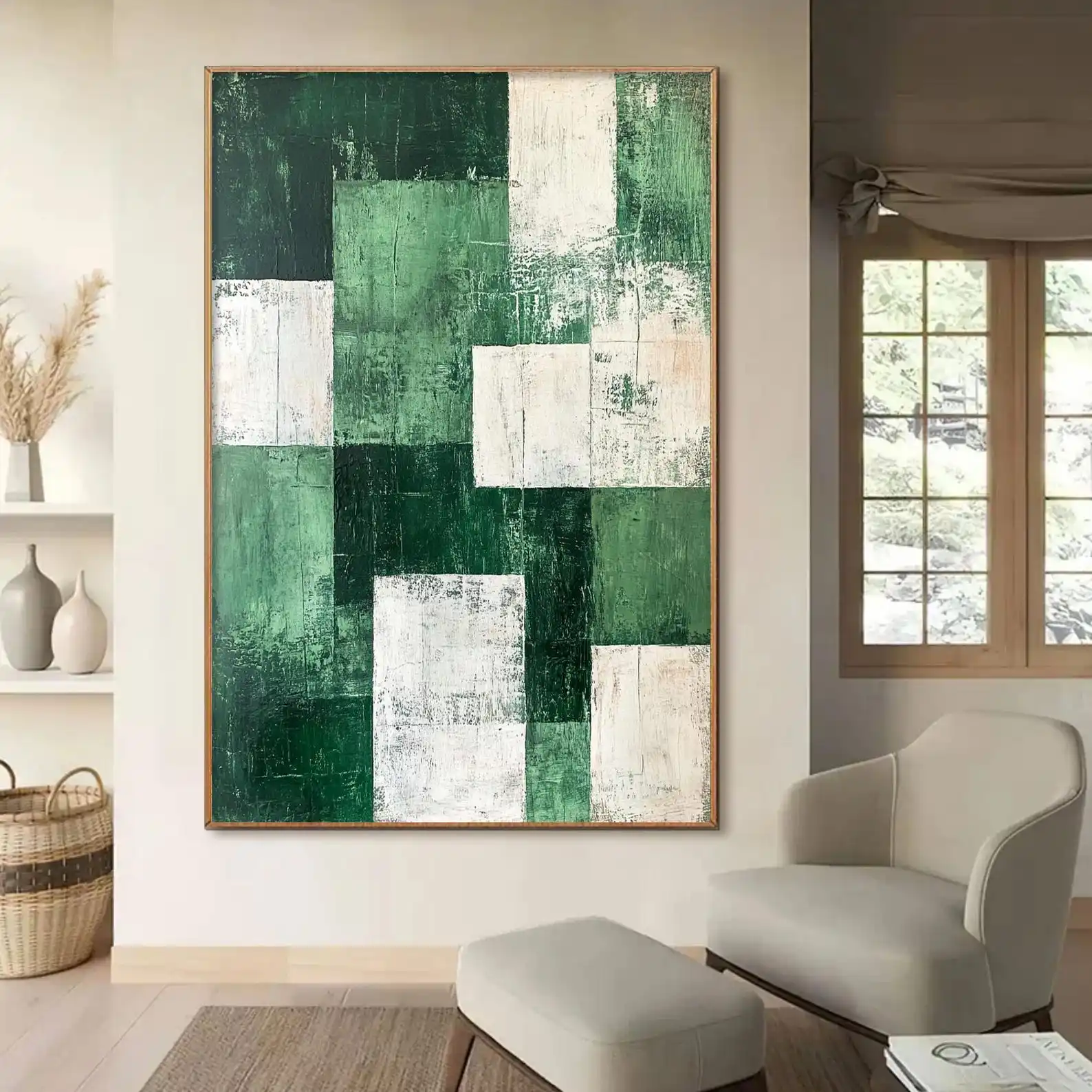 

Mhemyo Large Original Abstract Hand Painted Geometric Oil Painting on Canvas Green White Minimalist Wall Art For Living Decor